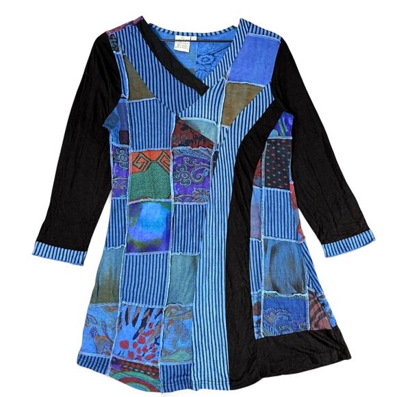 Parsley & Sage Tunic Dress M Patchwork Colorful Artsy Boho Lagenlook Blue Black - Picture 1 of 6